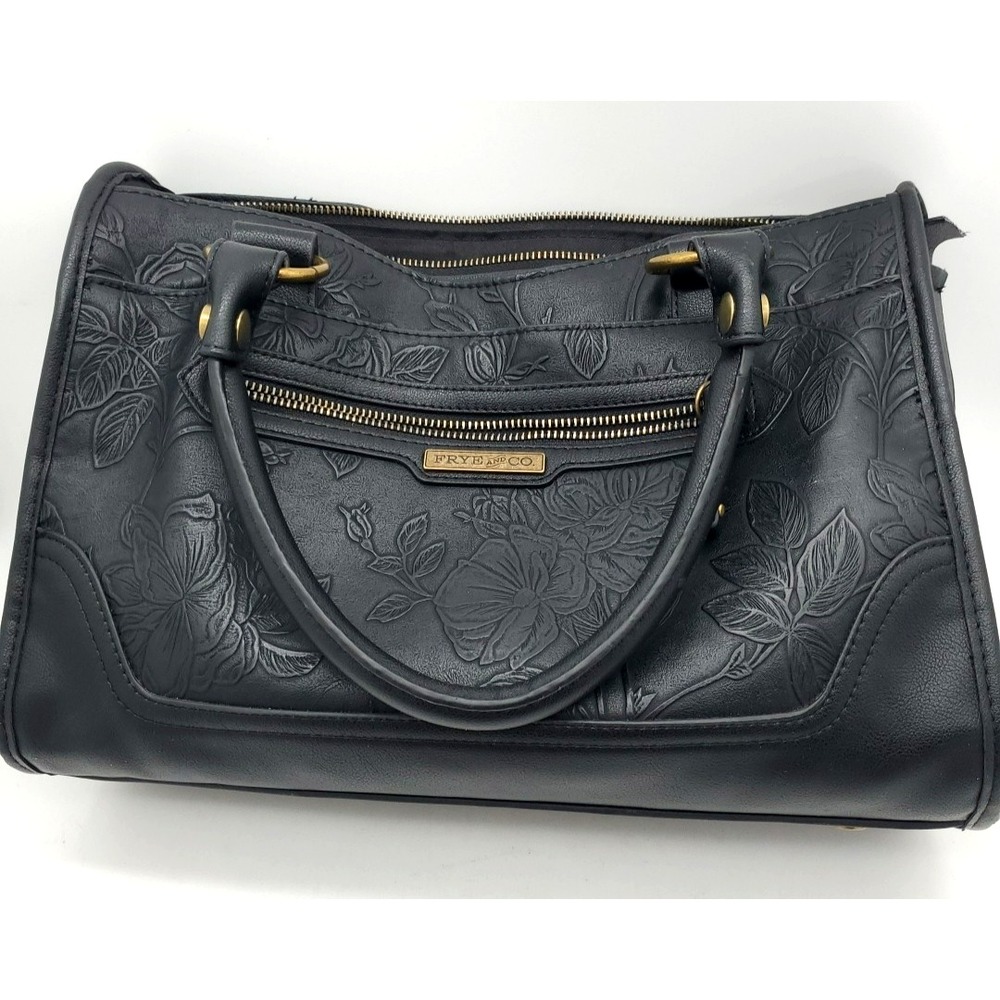 FRY and CO. Zip Top Black Leather Tote Bag classic‎ embroidered floral